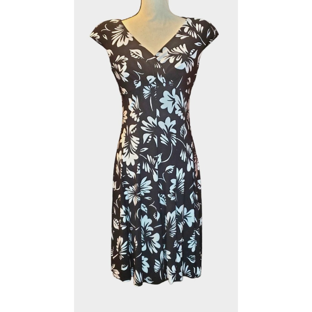 Ralph Lauren Black White Floral Dress Size 6 Midi Pleated V Neckline Stretch A1